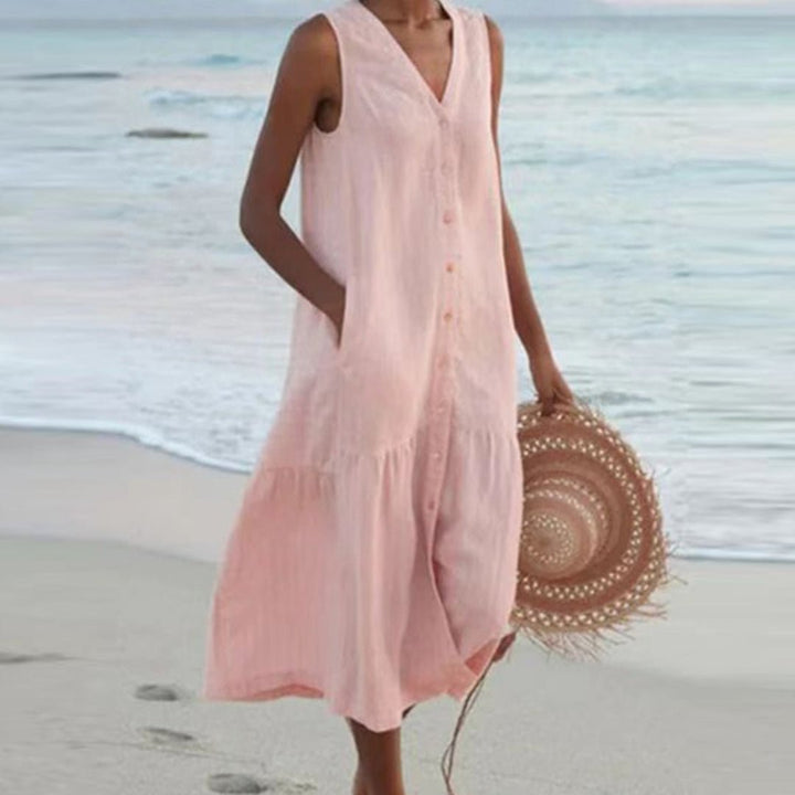 Women's Sleeveless V-Neck Button-Front Linen Midi Dress - Pink