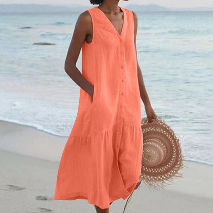 Women's Sleeveless V-Neck Button-Front Linen Midi Dress - Orange