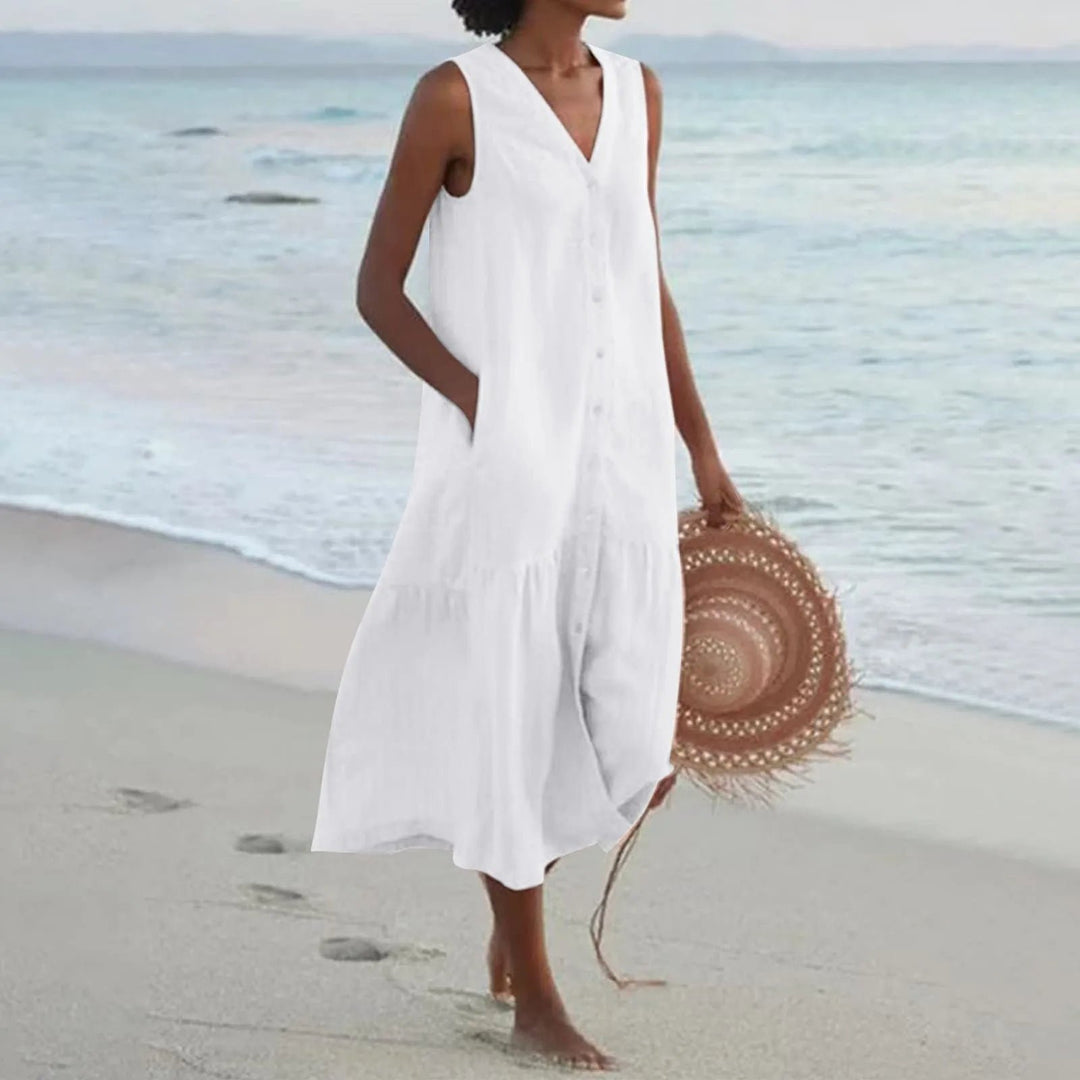 Women's Sleeveless V-Neck Relaxed-Fit Midi Dress - Wit