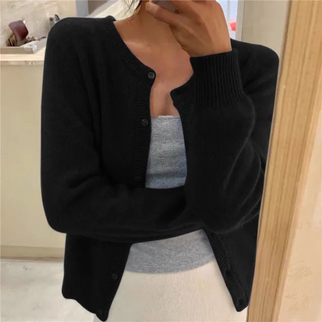 Women's Soft Knit Button-Front Round Neck Cardigan - Black