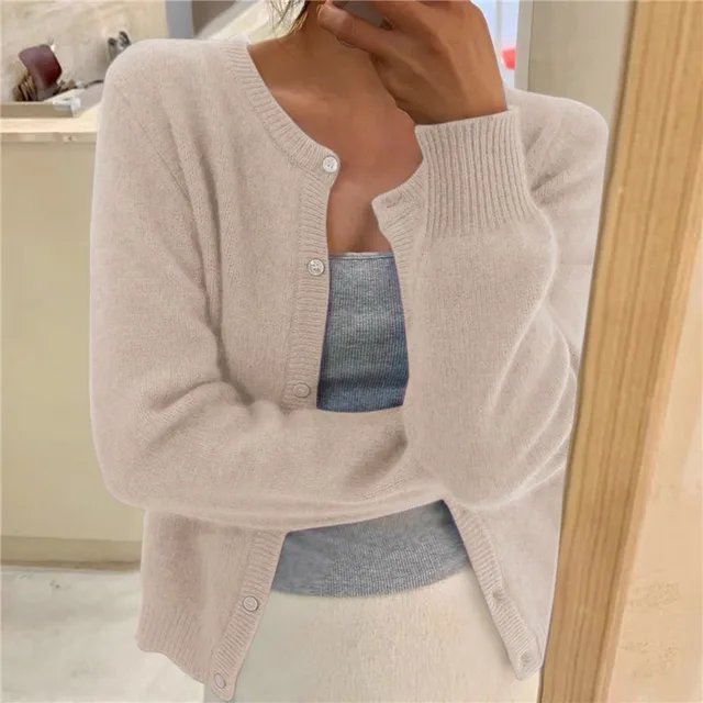 Women's Soft Knit Button-Front Round Neck Cardigan - Beige
