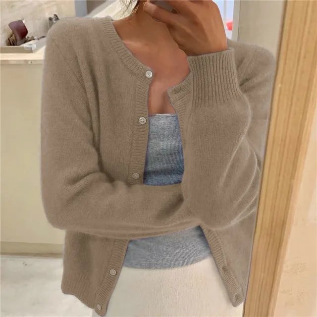 Women's Soft Knit Button-Front Round Neck Cardigan - Khaki