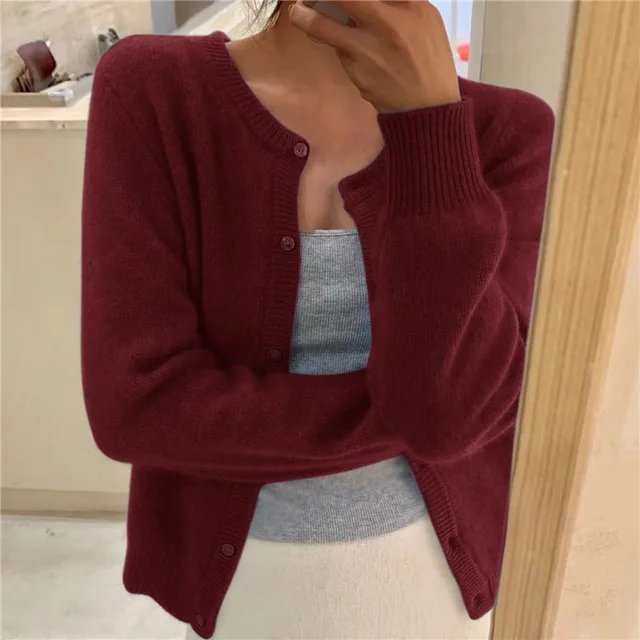 Women's Soft Knit Button-Front Round Neck Cardigan - Burgundy