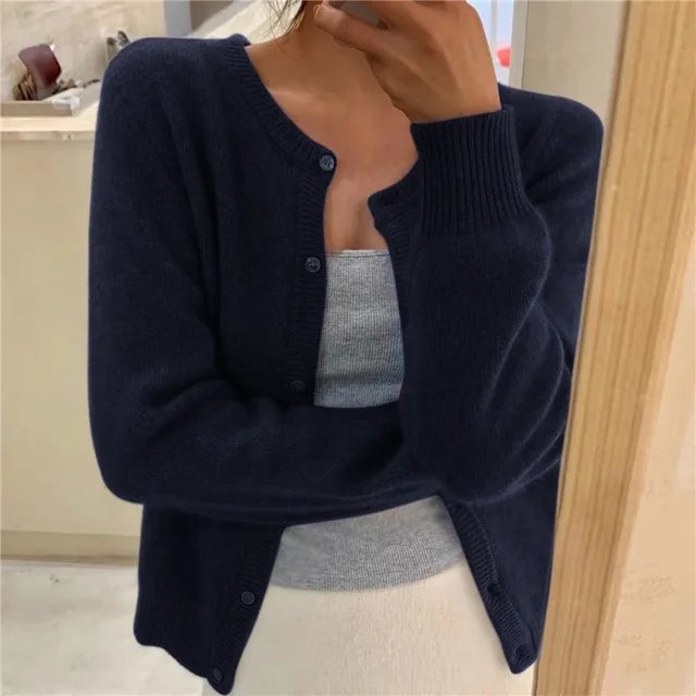 Women's Soft Knit Button-Front Round Neck Cardigan - Navy Blue