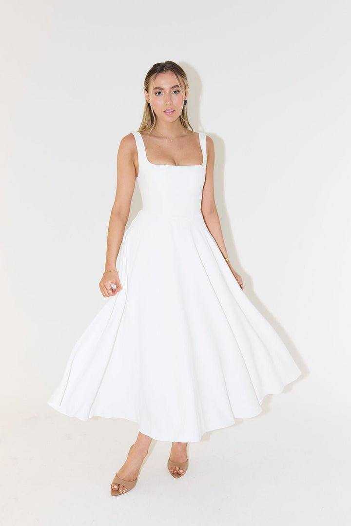 Women's Square-Neck Pleated Midi A-Line Dress - Weiß