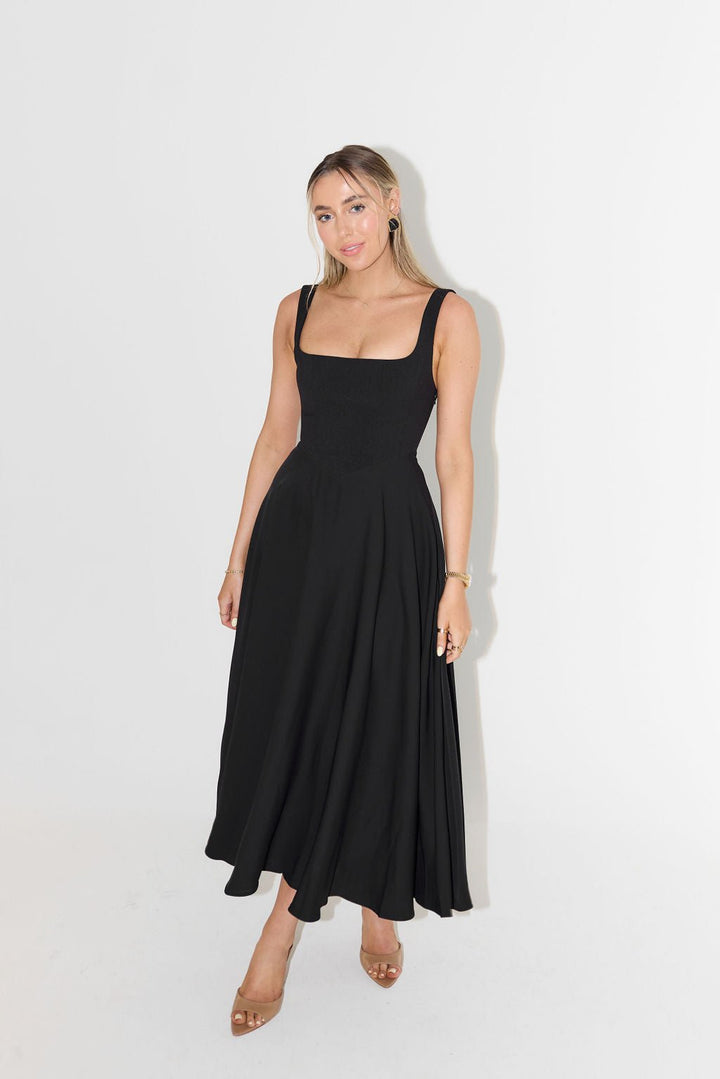 Women's Square-Neck Pleated Midi A-Line Dress