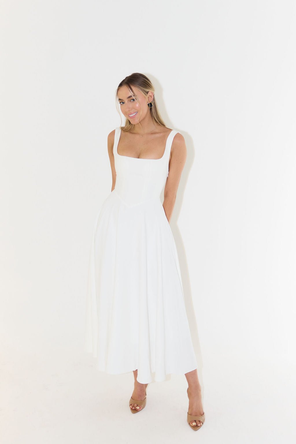 Women's Square-Neck Pleated Midi A-Line Dress