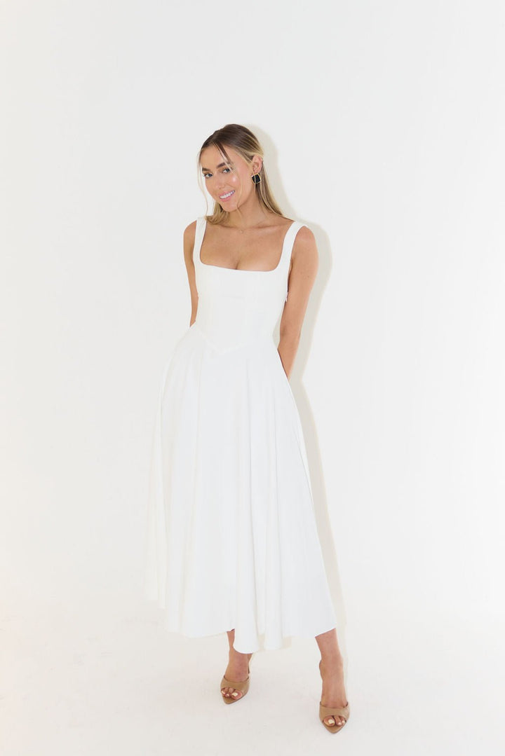 Women's Square-Neck Pleated Midi A-Line Dress