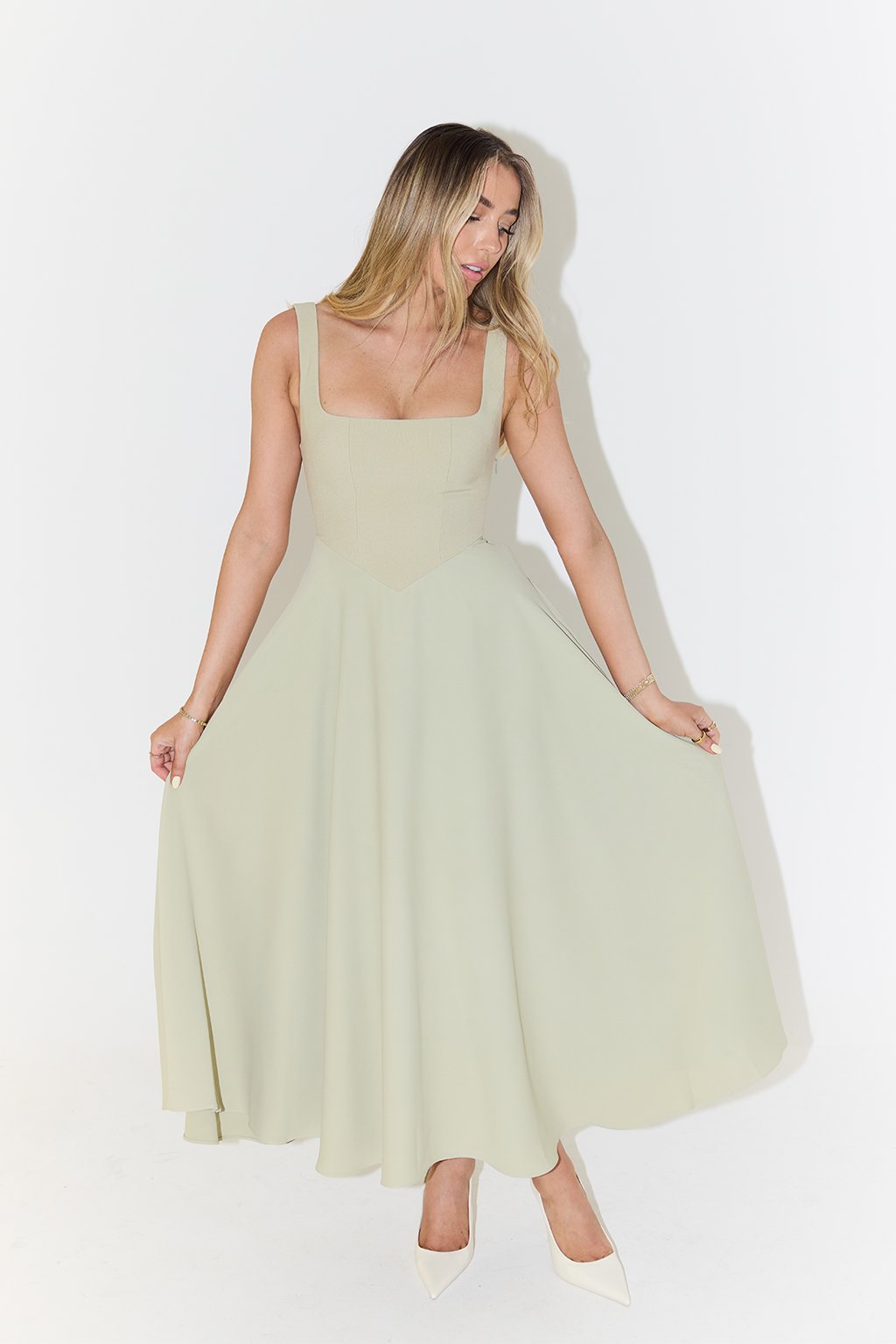 Women's Square-Neck Pleated Midi A-Line Dress