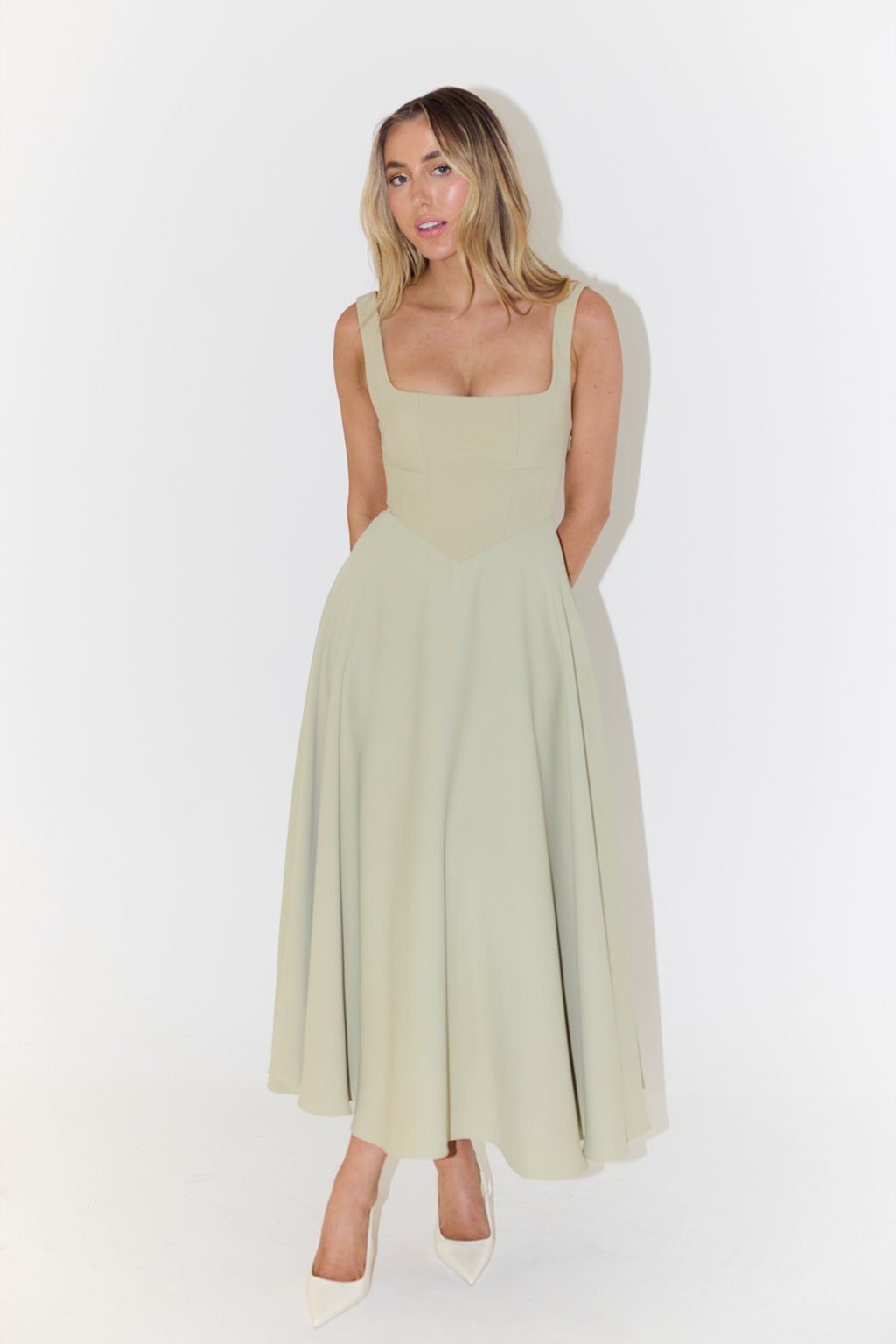 Women's Square-Neck Pleated Midi A-Line Dress