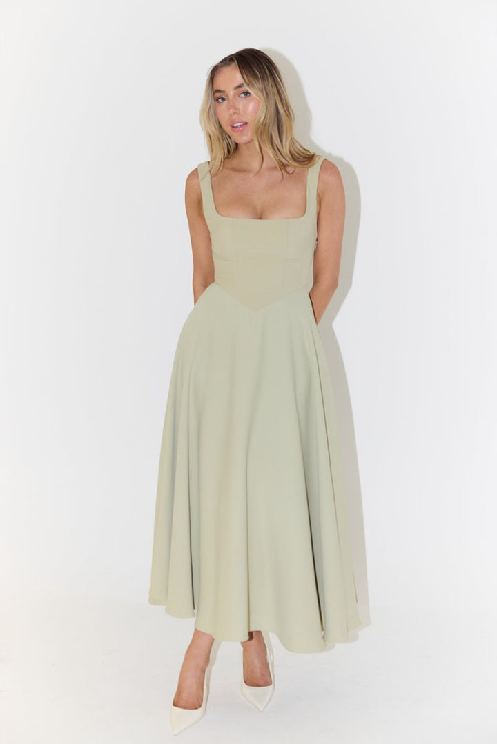 Women's Square-Neck Pleated Midi A-Line Dress