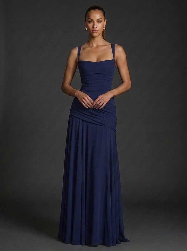 Women's Square Neck Sleeveless Ruched Maxi Dress - Dark Blue