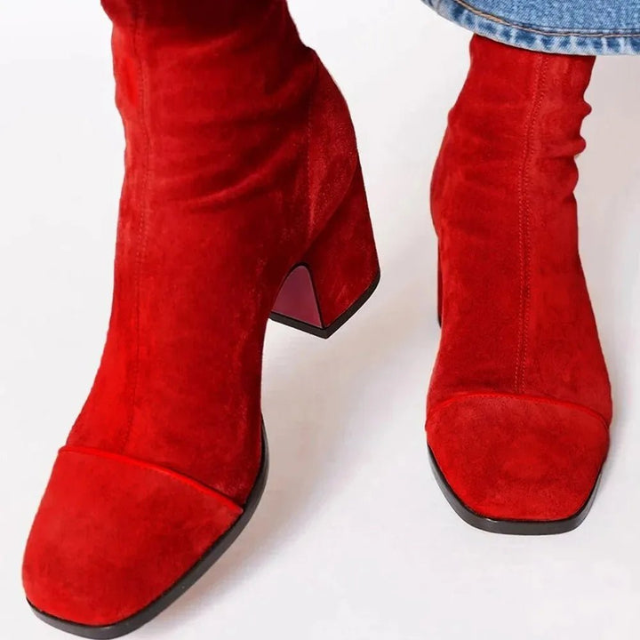 Women's Square-Toe Block Heel Ankle Boots - Red