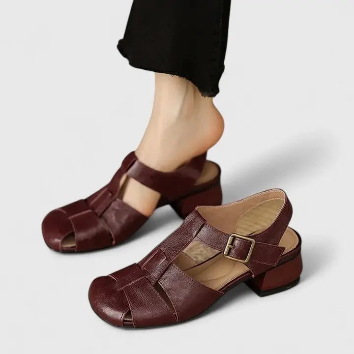 Women's Square-Toe Block-Heel Leather Sandals - Brown