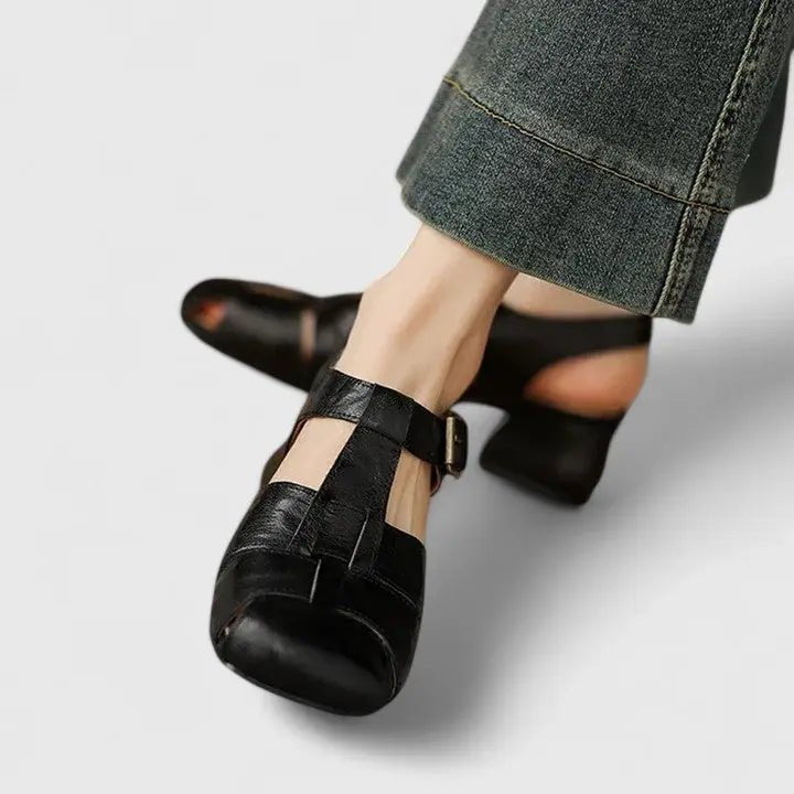 Women's Square-Toe Block-Heel Leather Sandals - Black
