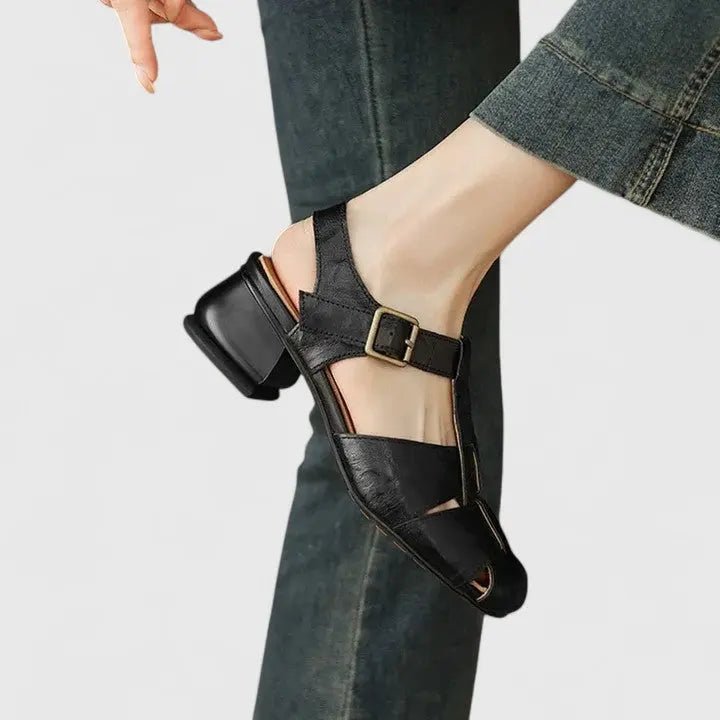 Women's Square-Toe Block-Heel Leather Sandals
