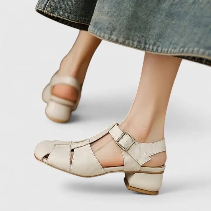 Women's Square-Toe Block-Heel Leather Sandals - Beige
