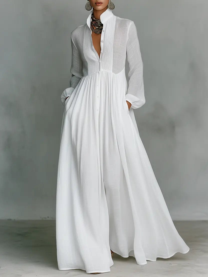 Women's Stand-Collar Cotton-Linen Button-Front Maxi Dress - White