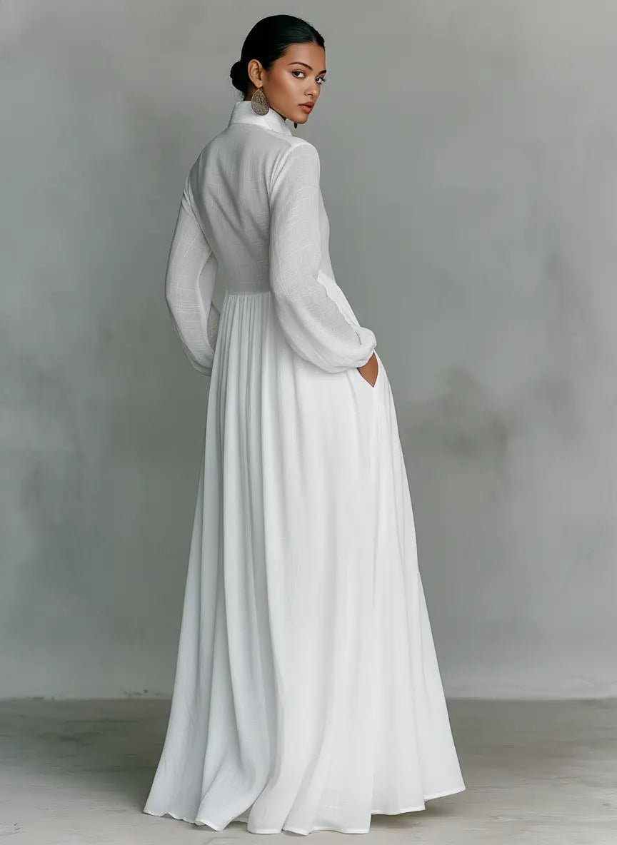 Women's Stand-Collar Cotton-Linen Button-Front Maxi Dress