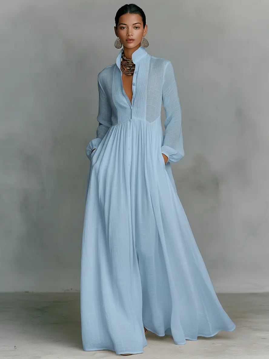 Women's Stand-Collar Cotton-Linen Button-Front Maxi Dress - Blue