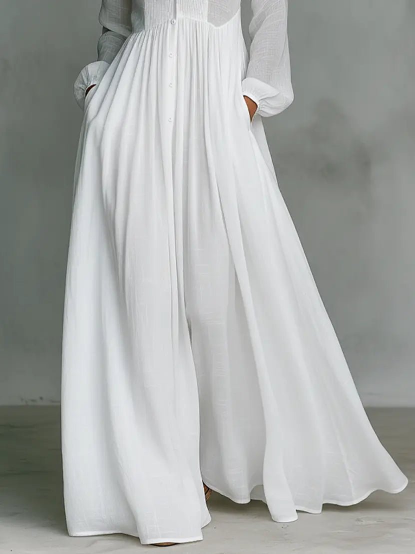 Women's Stand-Collar Cotton-Linen Button-Front Maxi Dress