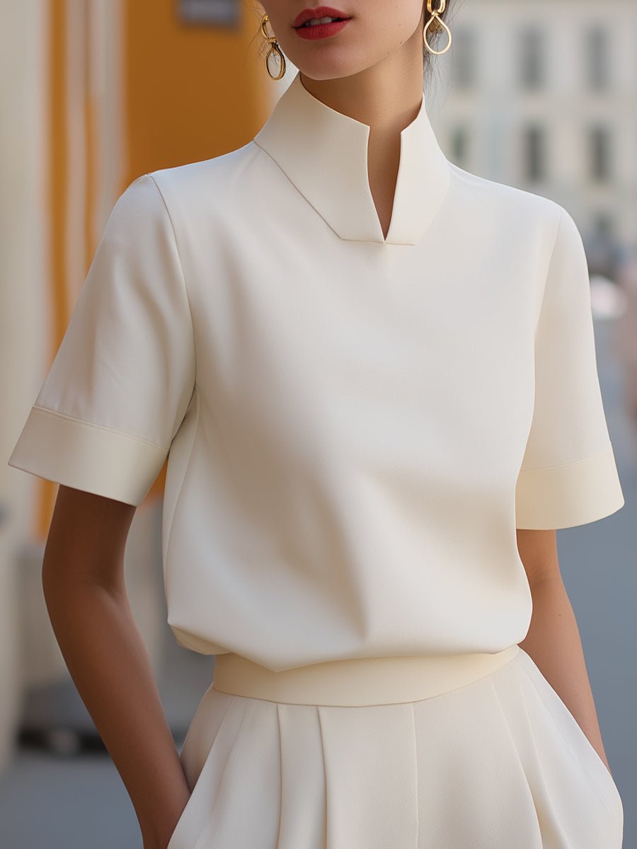 Women's Stand Collar Short-Sleeve Professional Blouse - White
