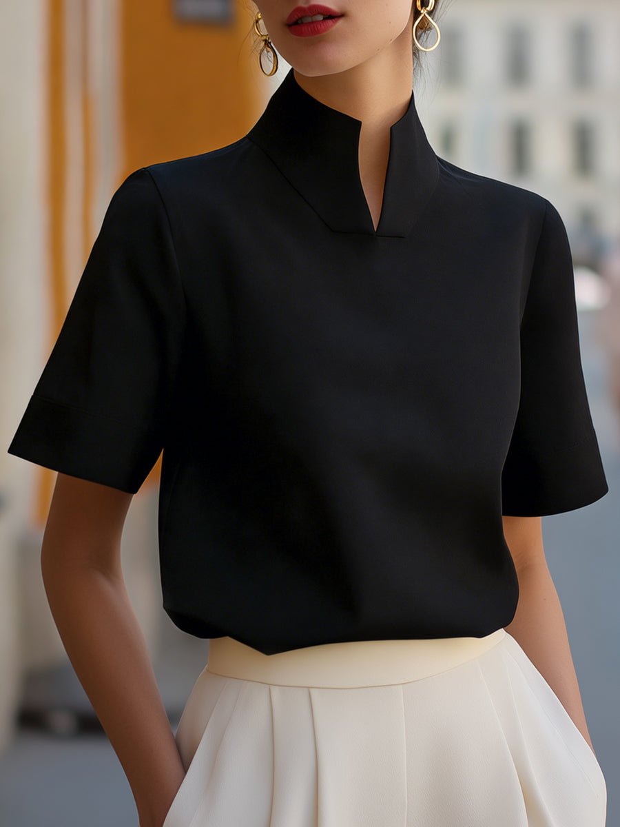 Women's Stand Collar Short-Sleeve Professional Blouse - Black