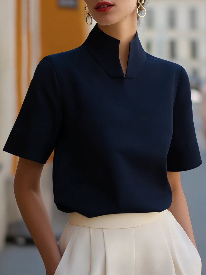 Women's Stand Collar Short-Sleeve Professional Blouse - Navy Blue