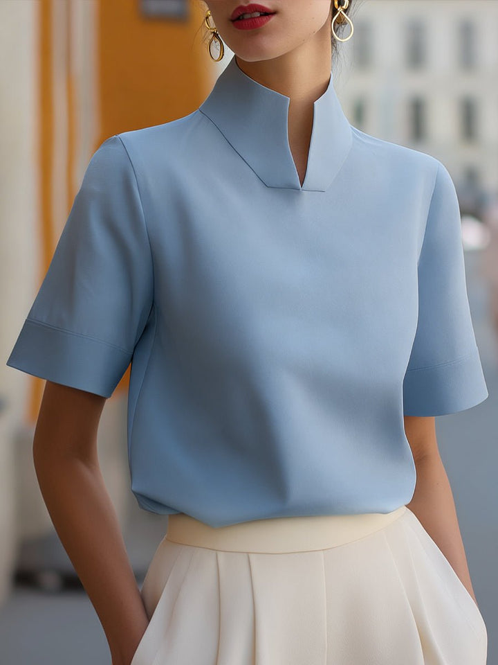 Women's Stand Collar Short-Sleeve Professional Blouse - Blue