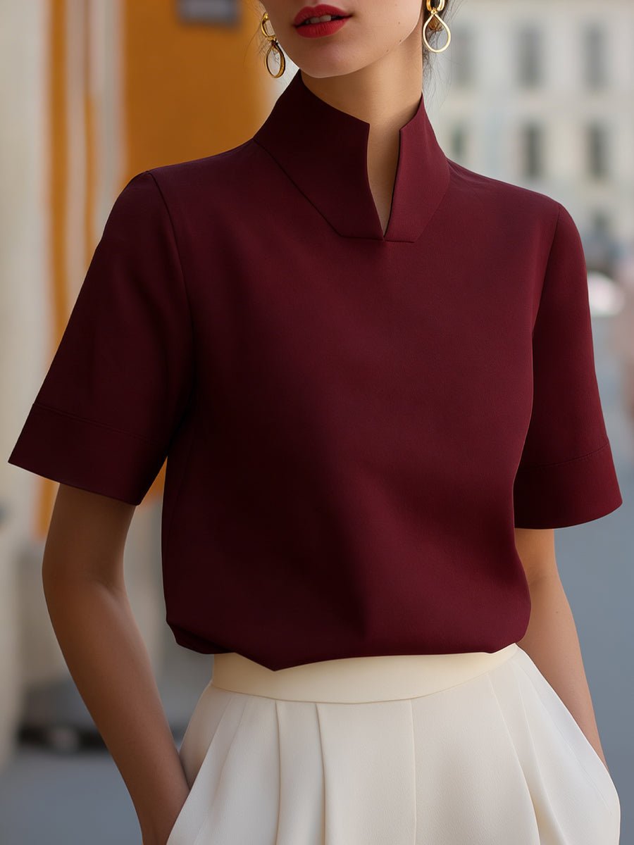 Women's Stand Collar Short-Sleeve Professional Blouse - Burgundy