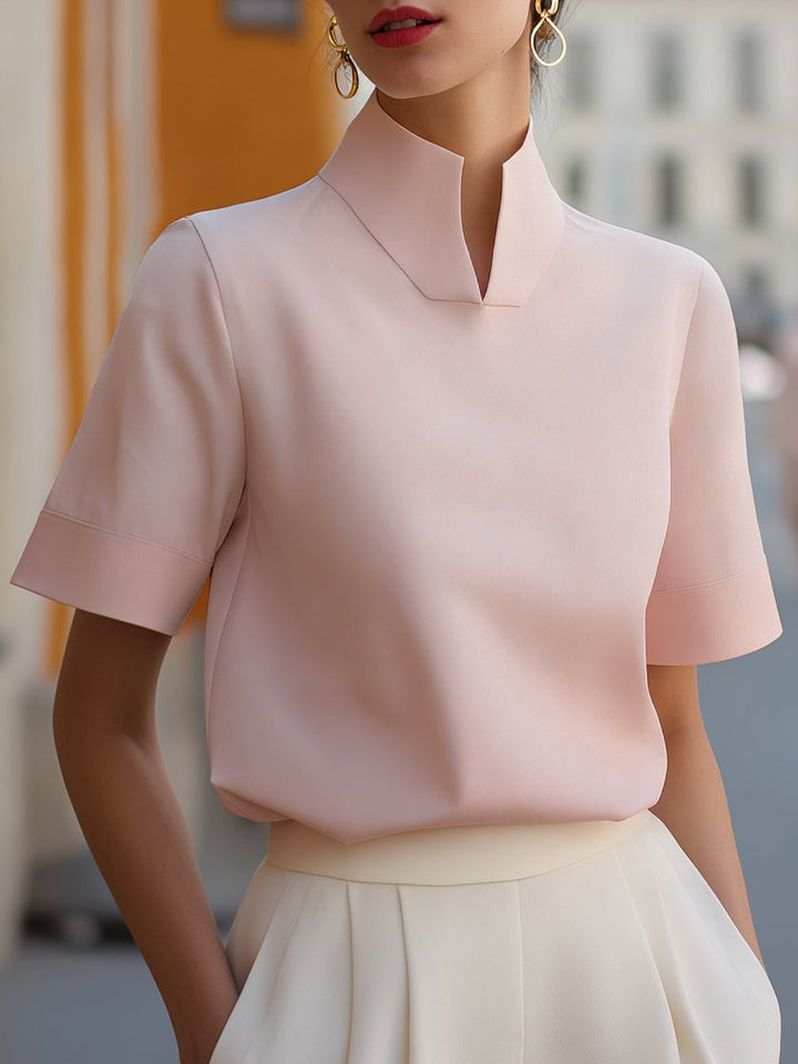 Women's Stand Collar Short-Sleeve Professional Blouse - Pink