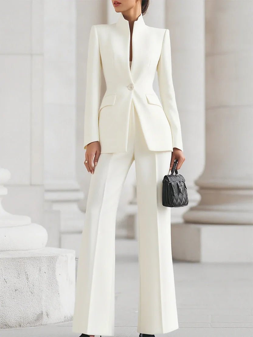 Women's Stand Collar Single-Button Longline Blazer Flare Pants Suit Set - White