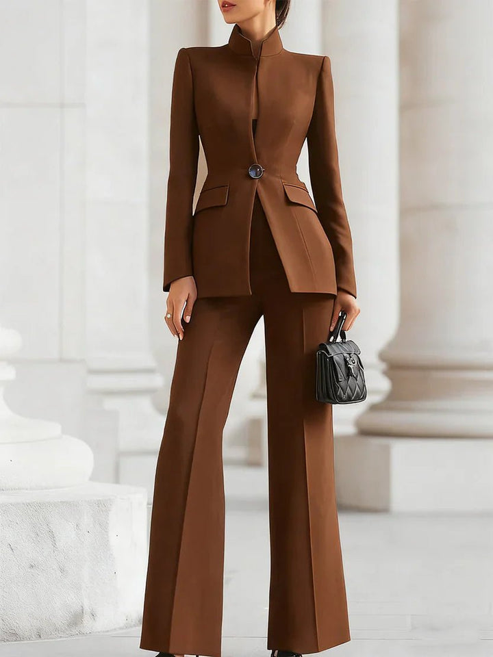 Women's Stand Collar Single-Button Longline Blazer Flare Pants Suit Set - Brown