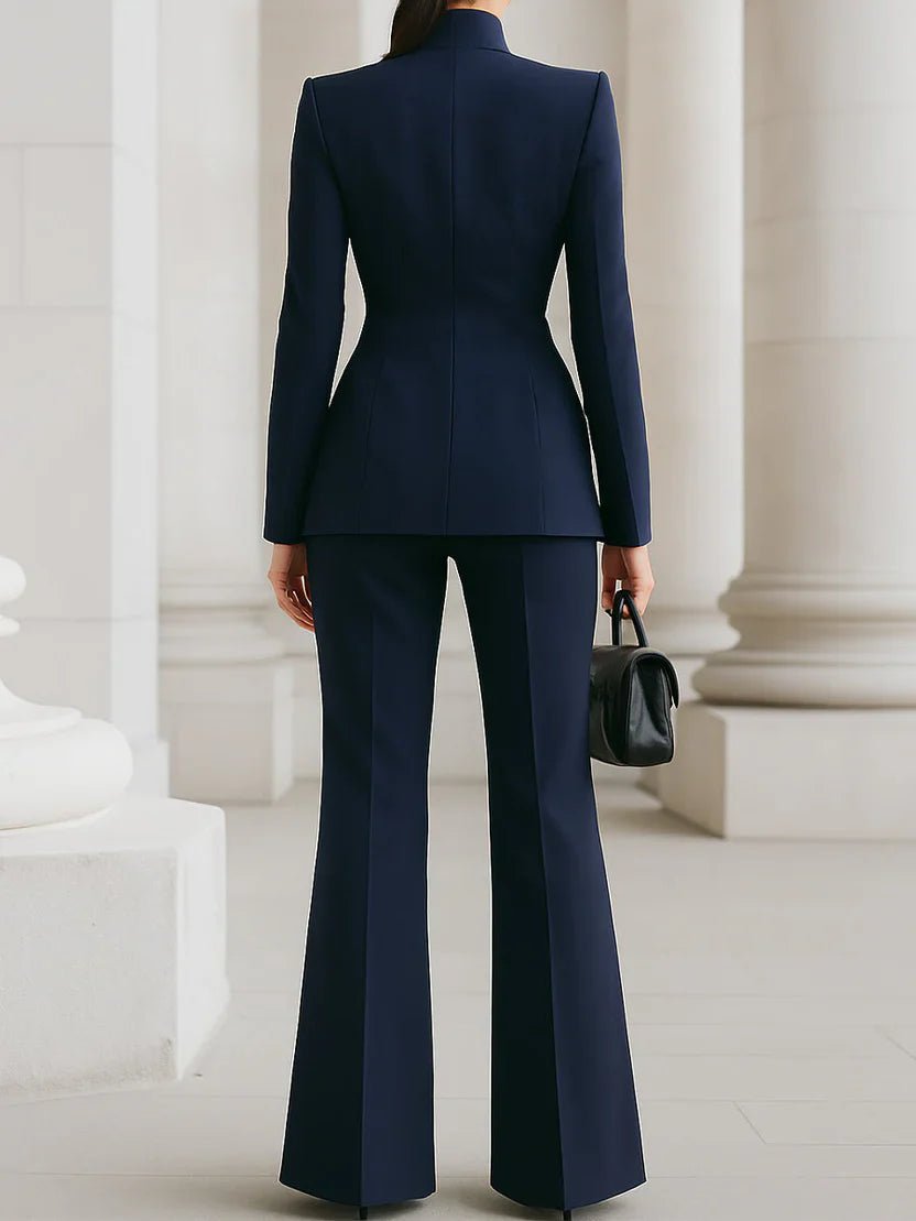 Women's Stand Collar Single-Button Longline Blazer Flare Pants Suit Set