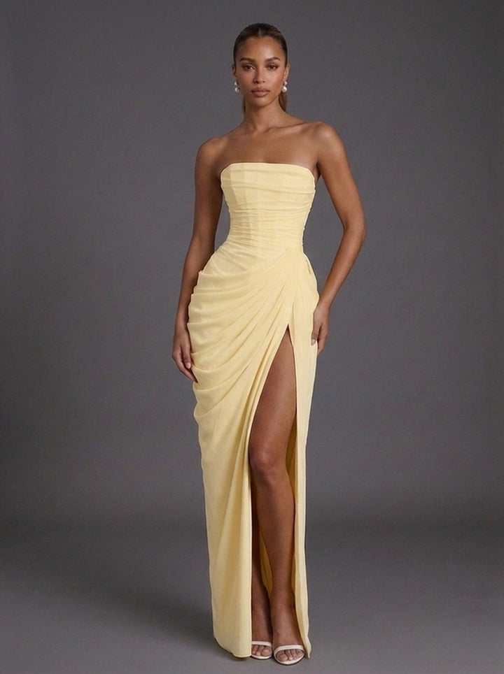 Women's Strapless Corset Ruched Split Maxi Dress - Butter Yellow