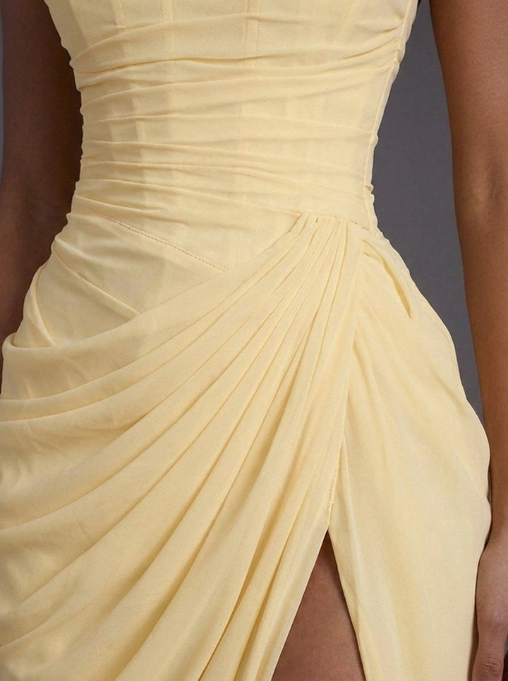 Women's Strapless Corset Ruched Split Maxi Dress