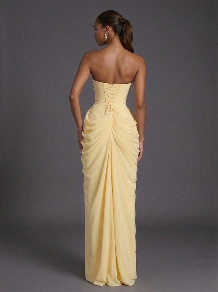 Women's Strapless Corset Ruched Split Maxi Dress