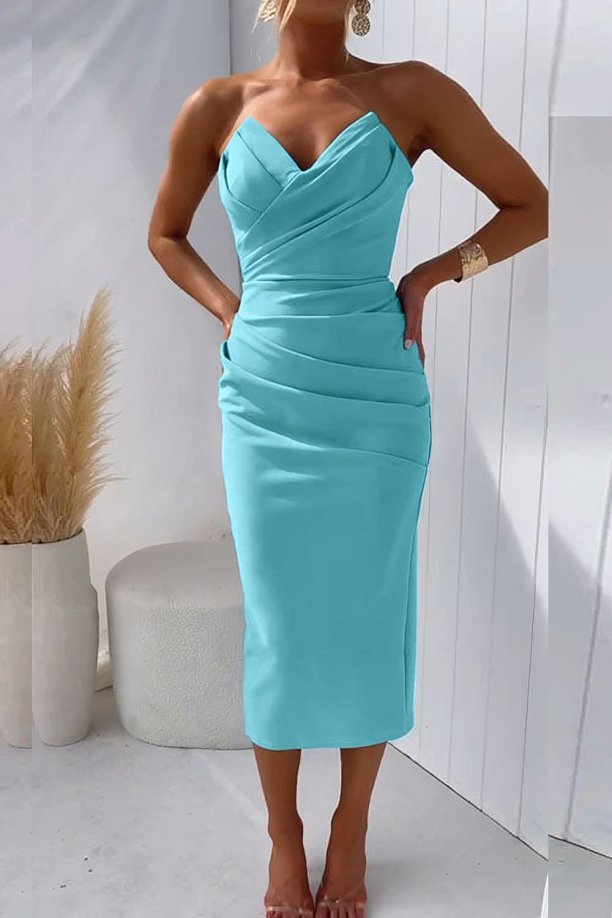 Women's Strapless Draped Cocktail Midi Dress - Turquoise