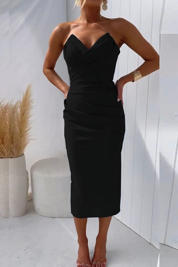 Women's Strapless Draped Cocktail Midi Dress - Black
