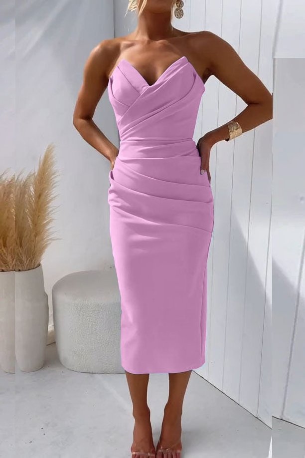 Women's Strapless Draped Cocktail Midi Dress - Pink