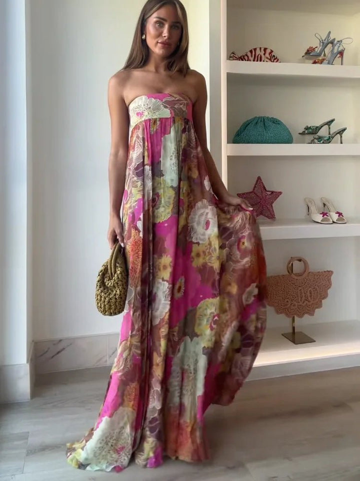 Women's Strapless Floral Maxi Wedding Guest Dress