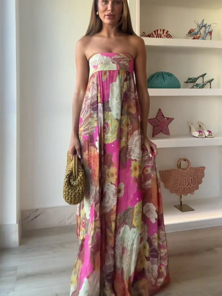 Women's Strapless Floral Maxi Wedding Guest Dress