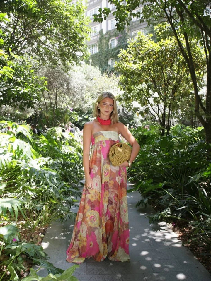Women's Strapless Floral Maxi Wedding Guest Dress
