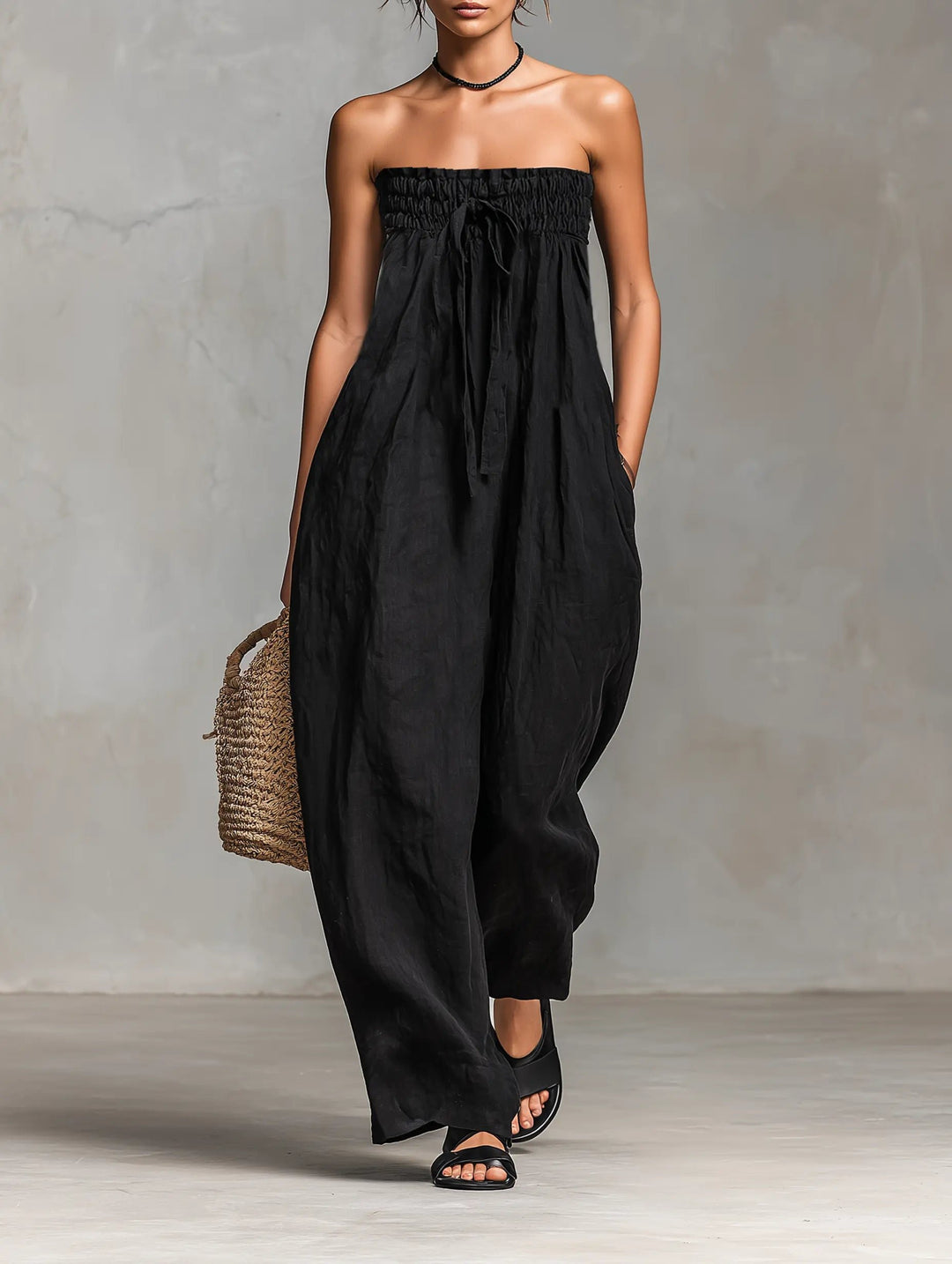 Women's Strapless Linen Wide-Leg Jumpsuit - Black