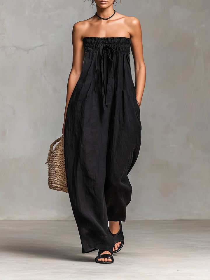 Women's Strapless Linen Wide-Leg Jumpsuit - Black