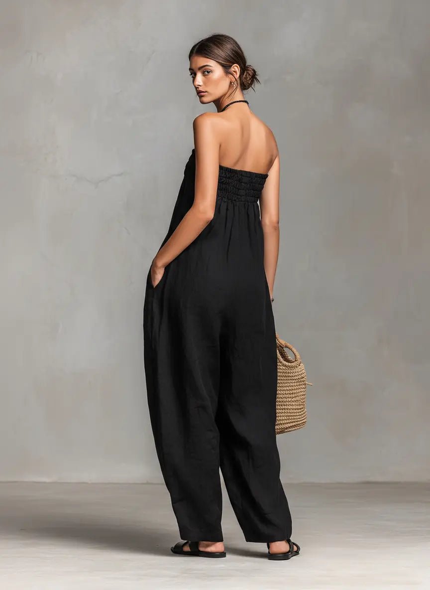 Women's Strapless Linen Wide-Leg Jumpsuit