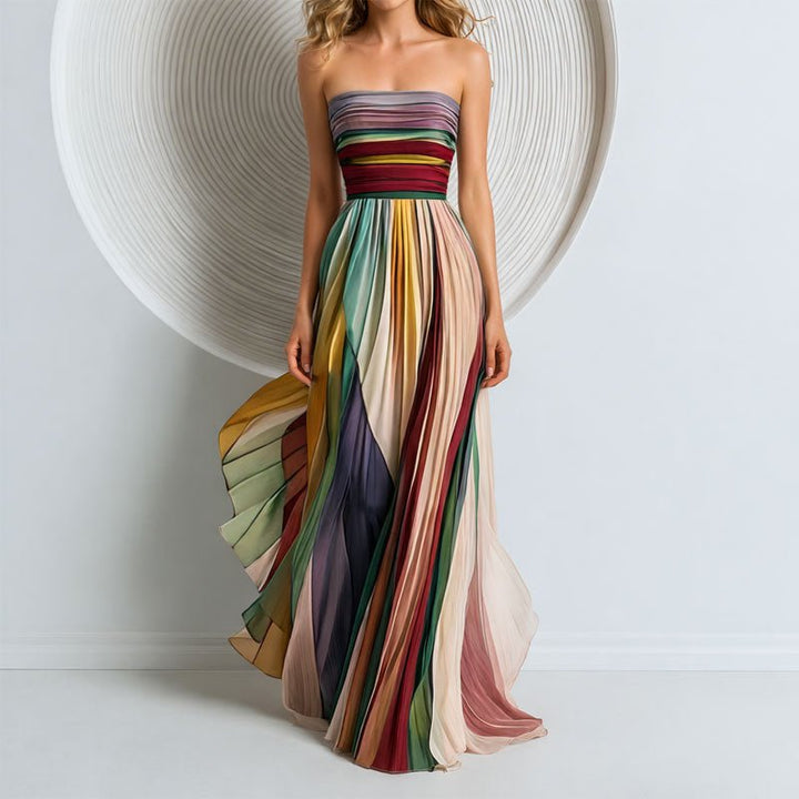Women's Strapless Multicolor Pleated Maxi Dress - Multi-Color