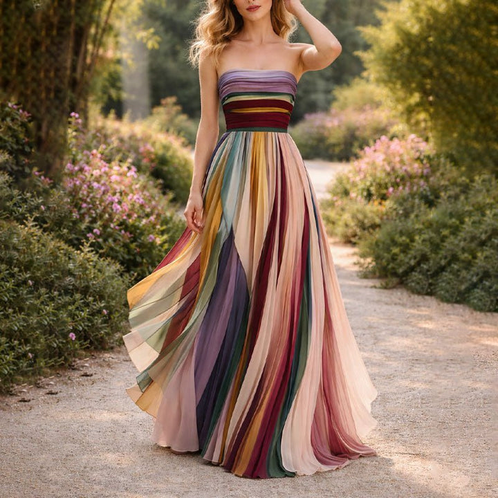 Women's Strapless Multicolor Pleated Maxi Dress