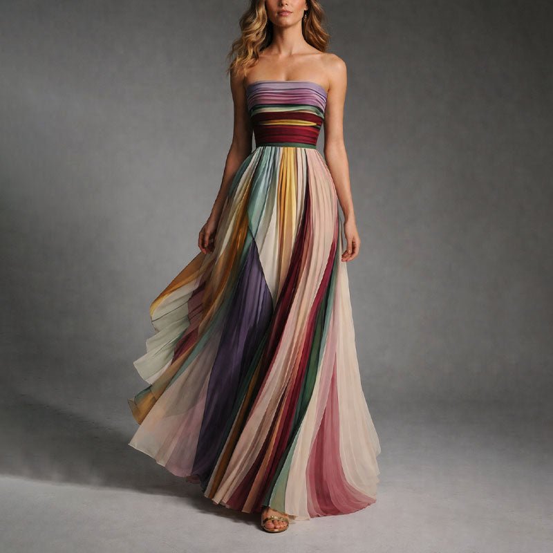 Women's Strapless Multicolor Pleated Maxi Dress