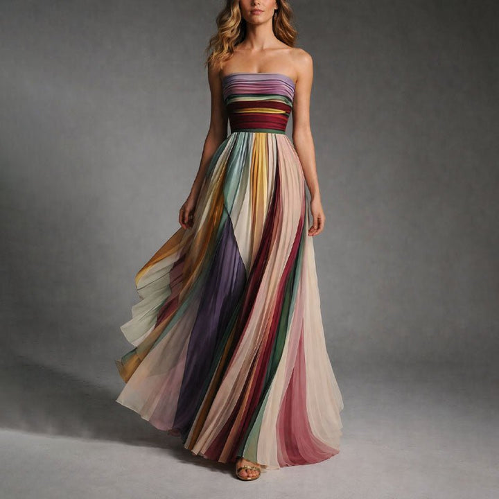 Women's Strapless Multicolor Pleated Maxi Dress